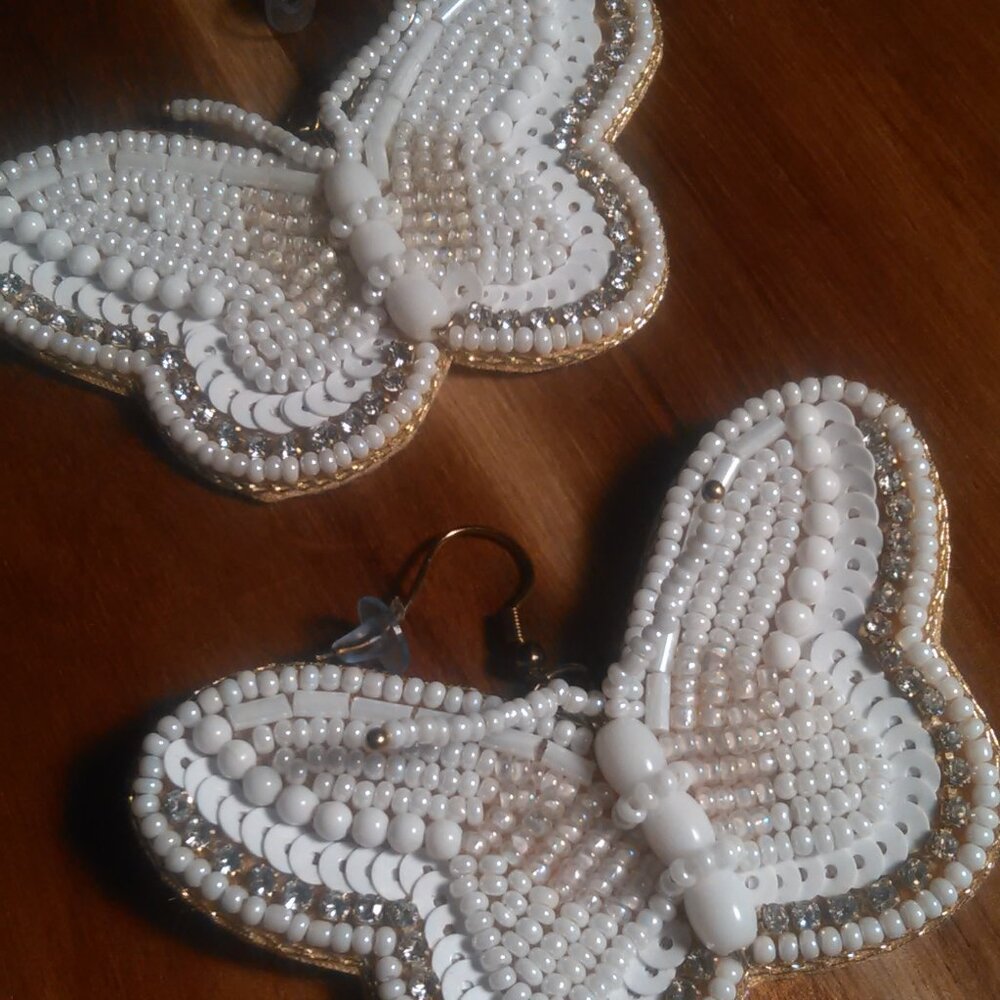 Handcrafted White Seed Bead and White Crystal Butterfly Dangle Earrings